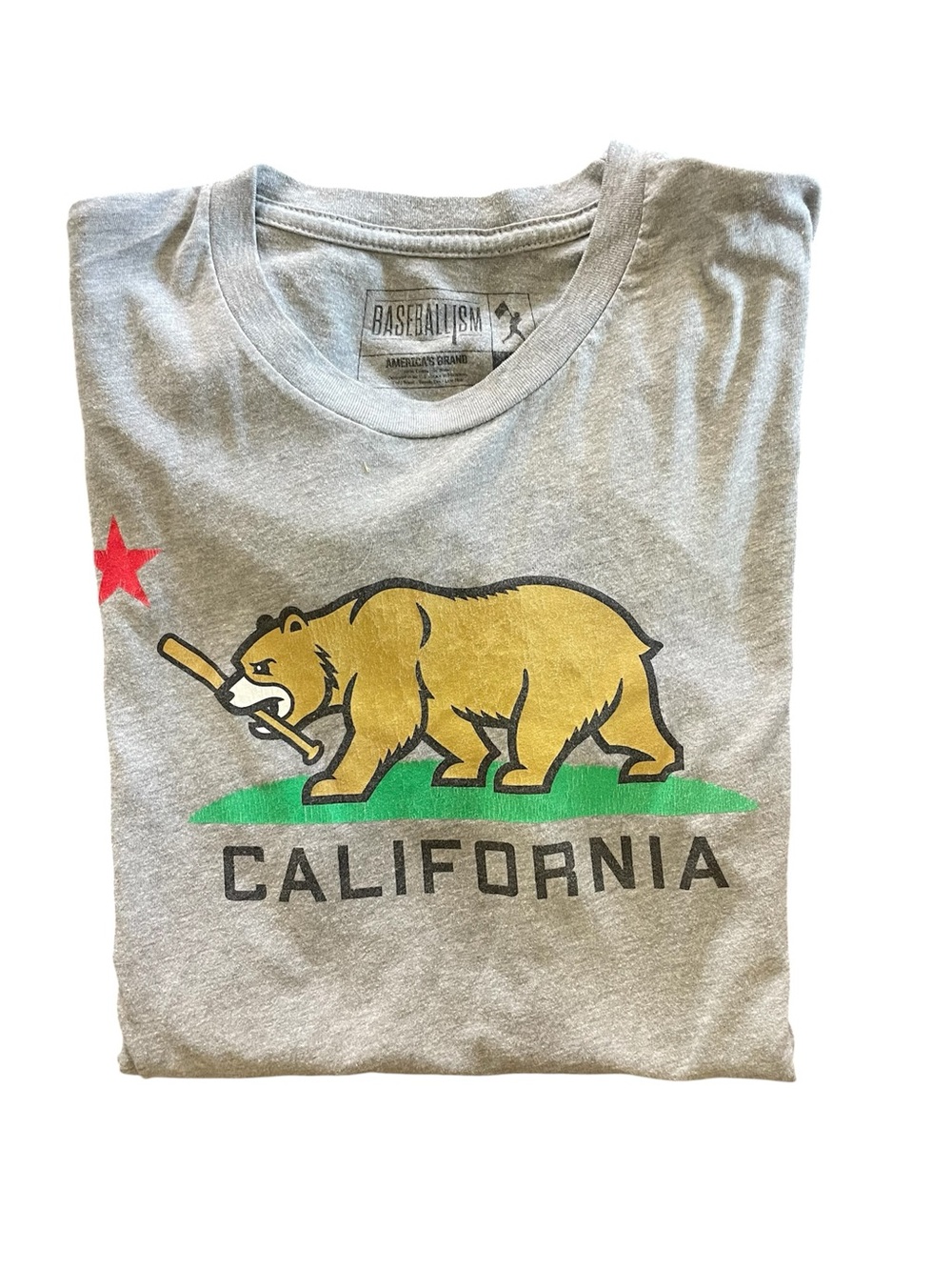 Baseballism Brand California Baseball Bear Graphic Tee Gray Crew Neck, Size M